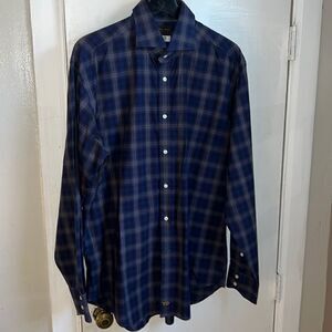 THOMAS DEAN Cobalt Blue and Grey Plaid L/S Button Up Shirt-L